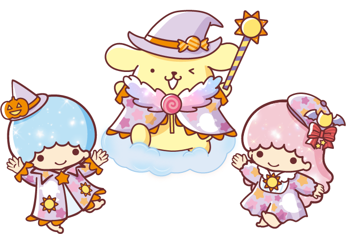 魔法使い姿のキキ、ポムポムプリン、ララ