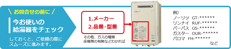 お問合せの前に今お使いの給湯器をチェックしておくと、ご依頼の際にスムーズに進みます。
